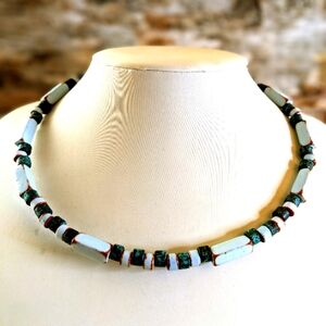 Greek Inspired Rustic Blue Mykonos In Beaded Choker Necklace